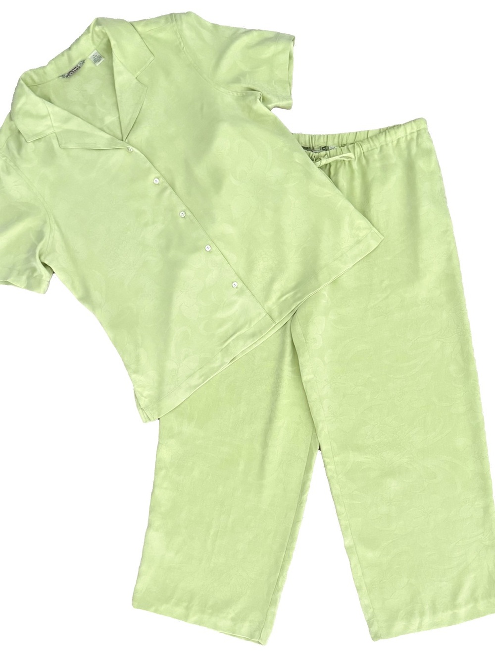 Tommy Bahama Light Green Silk Button Up Short Sleeve Cropped Wide Leg Pants Set